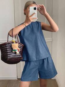 DAZY 女式深水洗蓝色圆领露背无袖宽松牛仔上衣和短裤两件套