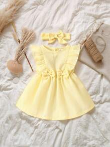 SHEIN Vintaside Kids 嬰兒條紋圖案荷葉邊前蝴蝶結連衣裙 - 黃色 - 查看 1