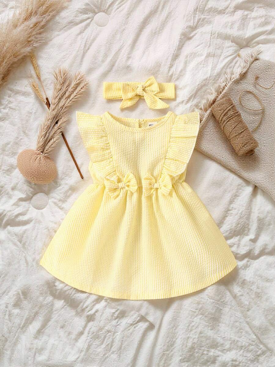 SHEIN Vintaside Kids 嬰兒條紋圖案荷葉邊前蝴蝶結連衣裙 - 黃色 - 查看 1