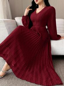Feyla 女士时尚优雅提花V领中长连衣裙 - 酒紅色 - 查看 5