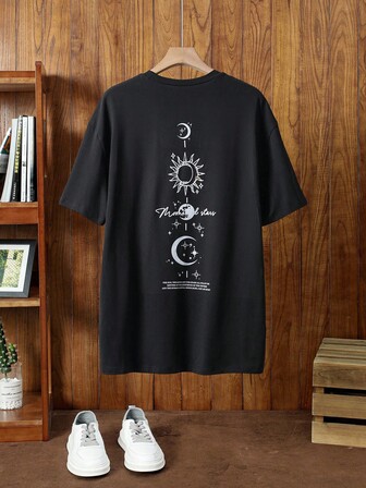 Manfinity NXTstreet Men's Casual Sun & Moon Print Loose Fit Drop Shoulder Round Neck Short Sleeve Oversized T-Shirt, Suitable For Daily Wear