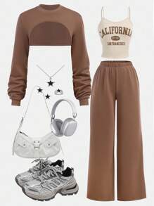 SHEIN Bộ ba món áo ba lỗ cổ tròn in họa tiết thể thao thường ngày cho bé gái & áo & quần dài ống rộng, trang phục thu đông, trang phục thường ngày, mùa tựu trường, trang phục mùa thu - màu nâu - Xem 10