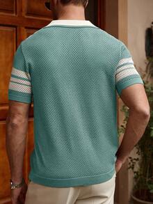 Manfinity Homme 男士休闲条纹纽扣短袖针织上衣 - 薄荷藍 - 查看 2