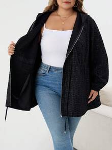 SHEIN CURVE+ Women's Plus Size Front Zipper Long Sleeve Hooded Jacquard Windbreaker Jacket, Casual Everyday Wear, Autumn Winter Fall/Autumn /Winter - Black - View 8