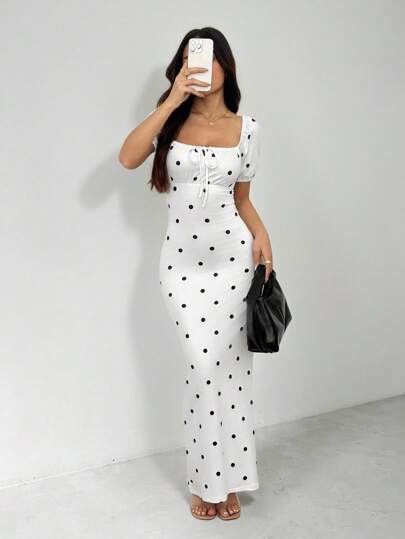 SHEIN PETITE Women Elegant Minimalist Ruched Square Neck Polka Dot Dress , Suitable For Daily Wear And Vacation, Summer,Bodycon Dress,Graduation,Teacher Outfits For Women,Teacher Dress