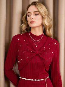 女式勃艮第纯色简约无袖连体裤和长袖夹克两件套，合身 - 酒紅色 - 查看 6