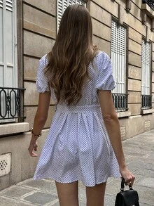 Chiquease 法国白色波点优雅单排扣立领收腰束腰连衣裙 - 白色 - 查看 2