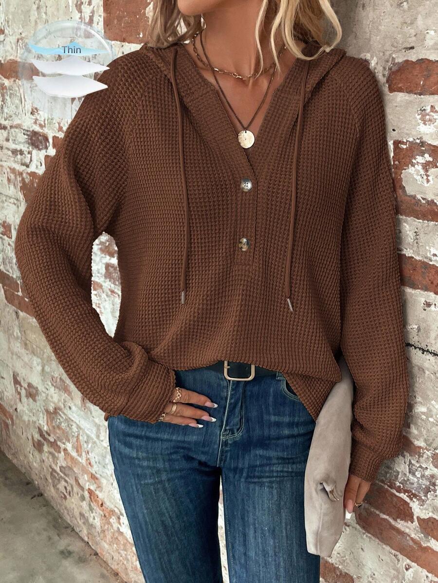 EMERY ROSE Women's Solid Color Raglan Sleeve Button Half Placket Drawstring Hooded Casual Sweatshirt In Fall/Winter - Brown - View 1