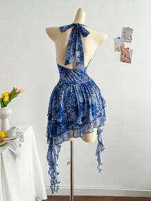 Dreamara Plus Size Romantic Halter Knit Mesh Blue Floral Print Dress - Blue - View 2