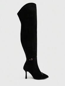 CUCCOO SZL Giày bốt cao đến đầu gối mũi nhọn bằng da lộn giả mềm mại có khóa kéo bên hông dành cho nữ - màu đen - Xem 6