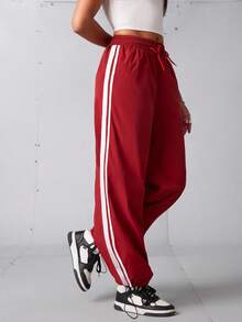 SHEIN Sports Women's Casual Drawstring Waist Contrast Striped Side Loose Wide Leg Sports Pants,Red Track Activewear Workout Pants - Red - View 5