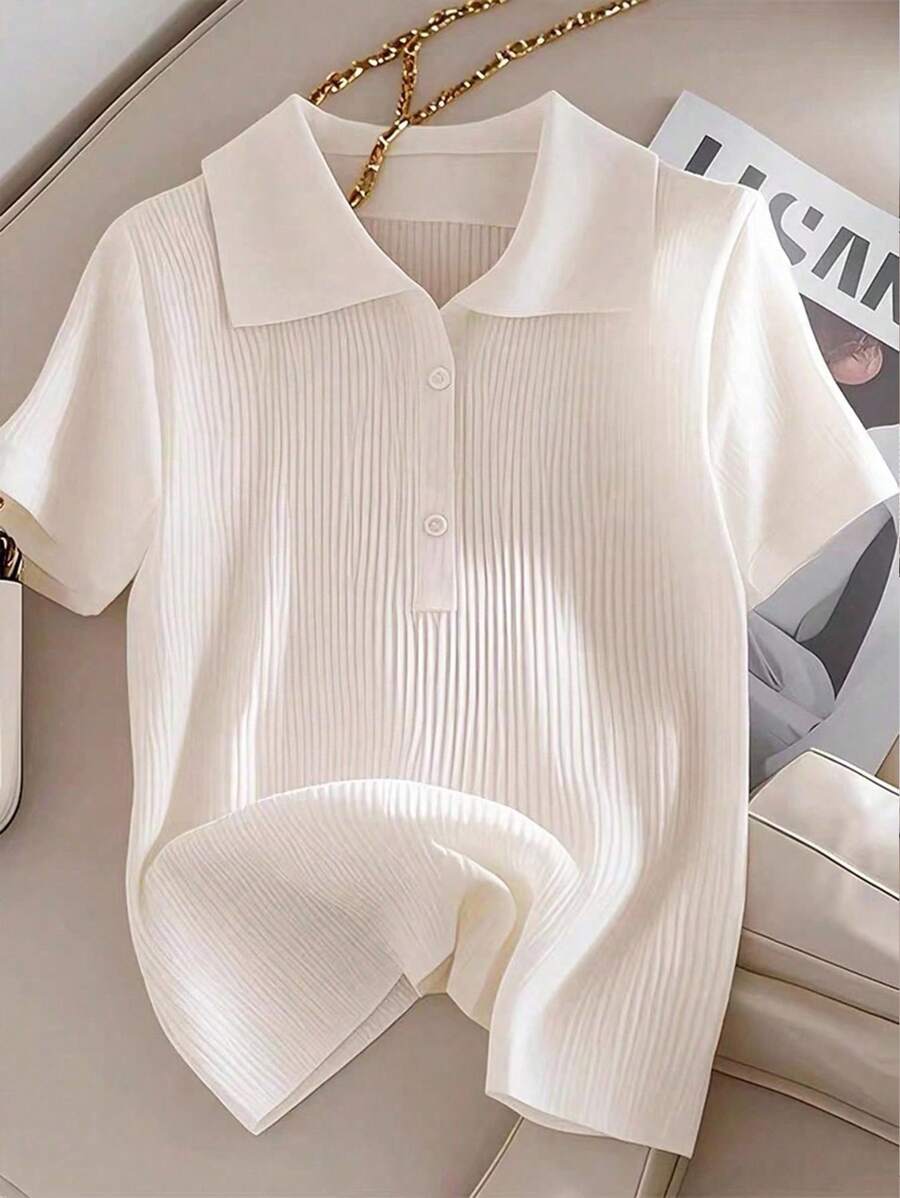 SHEIN CURVE+ Plus Size Solid Color Ribbed Knit Casual Short Sleeve T-Shirt, Summer