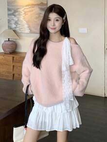 DAZY 女士圆领露肩休闲韩版蝴蝶结针织毛衣，秋冬 - 淺粉色 - 查看 3