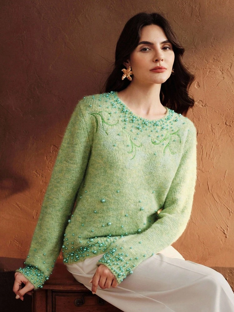 Suéter de Tricô com Decote Redondo, Manga Longa, Bordado de Pérolas e Contas para Mulheres