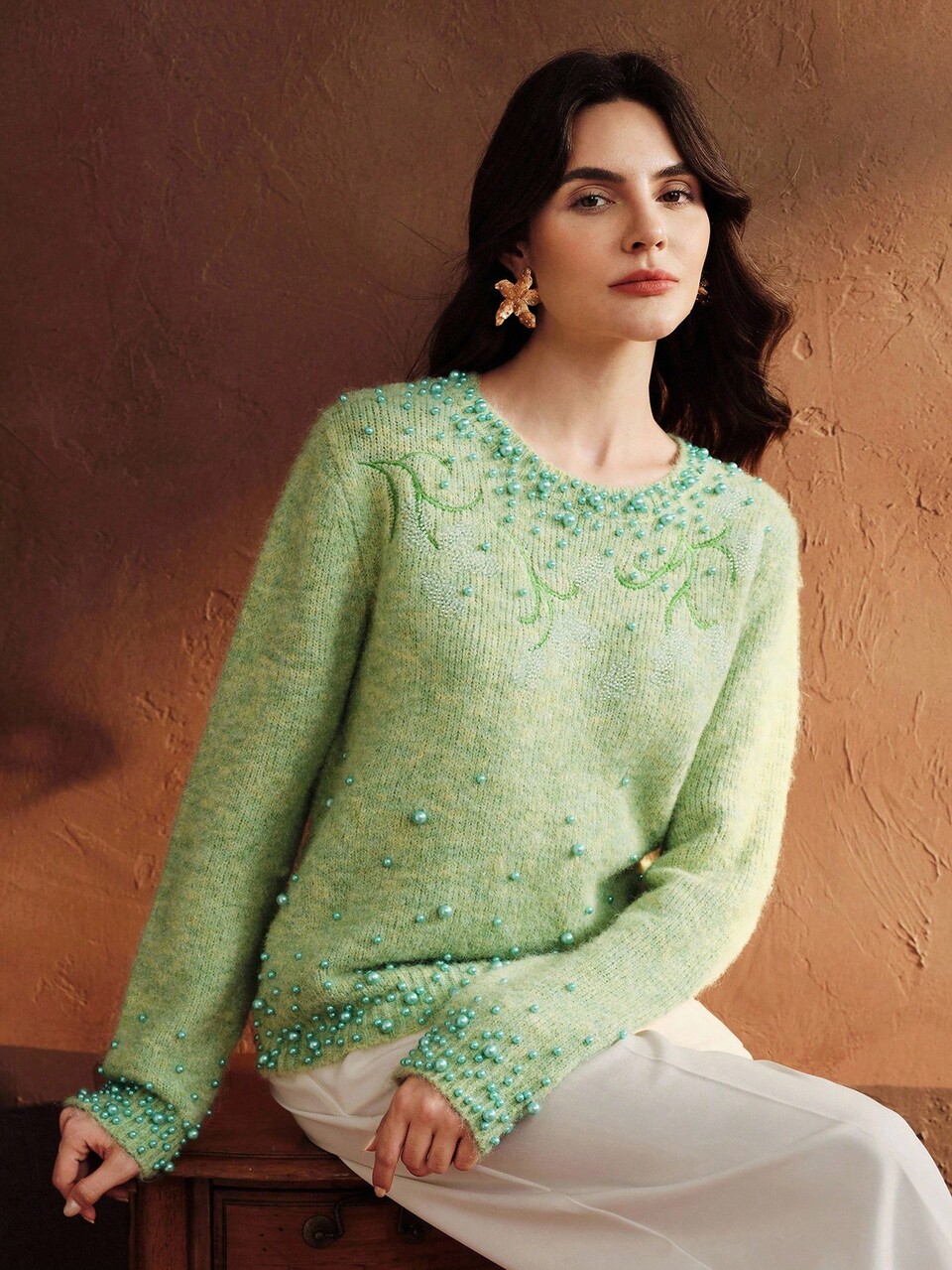 Women's Long Sleeve Round Neck Pearl Embroidered Beaded Knit Sweater
