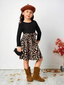 Emery Rose Kids Emery Rose Kids Vestido casual de niña con cuello redondo de punto, estampado de leopardo por parches. Vestido de manga larga con estampado de leopardo jacquard, adecuado para otoño/invierno