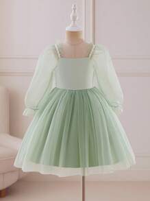 Glamorique Kids Girls' Autumn/Winter Green Satin & Tulle Patchwork Long Sleeve Elegant Party Flower Girl Dress Fall