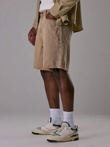 Musero 男士纯色斜口袋牛仔短裤 - 卡其色 - 查看 3