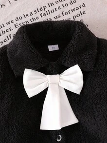 SHEIN 女童加厚毛领长袖可拆卸蝴蝶结冬季外套，时尚简约儿童短款开衫，秋冬款 - 黑色 - 查看 6