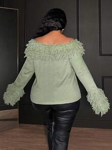 Veslaya 2025年新款大码牛油果绿露肩羊毛长袖修身套头衫 - 綠色 - 查看 5