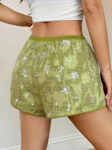 SHEIN PETITE Pantaloni scurți din șifon brodat cu paiete verzi pentru femei, potriviți pentru vară, mici, casual și slăbire - Verde - Vizualizare 2
