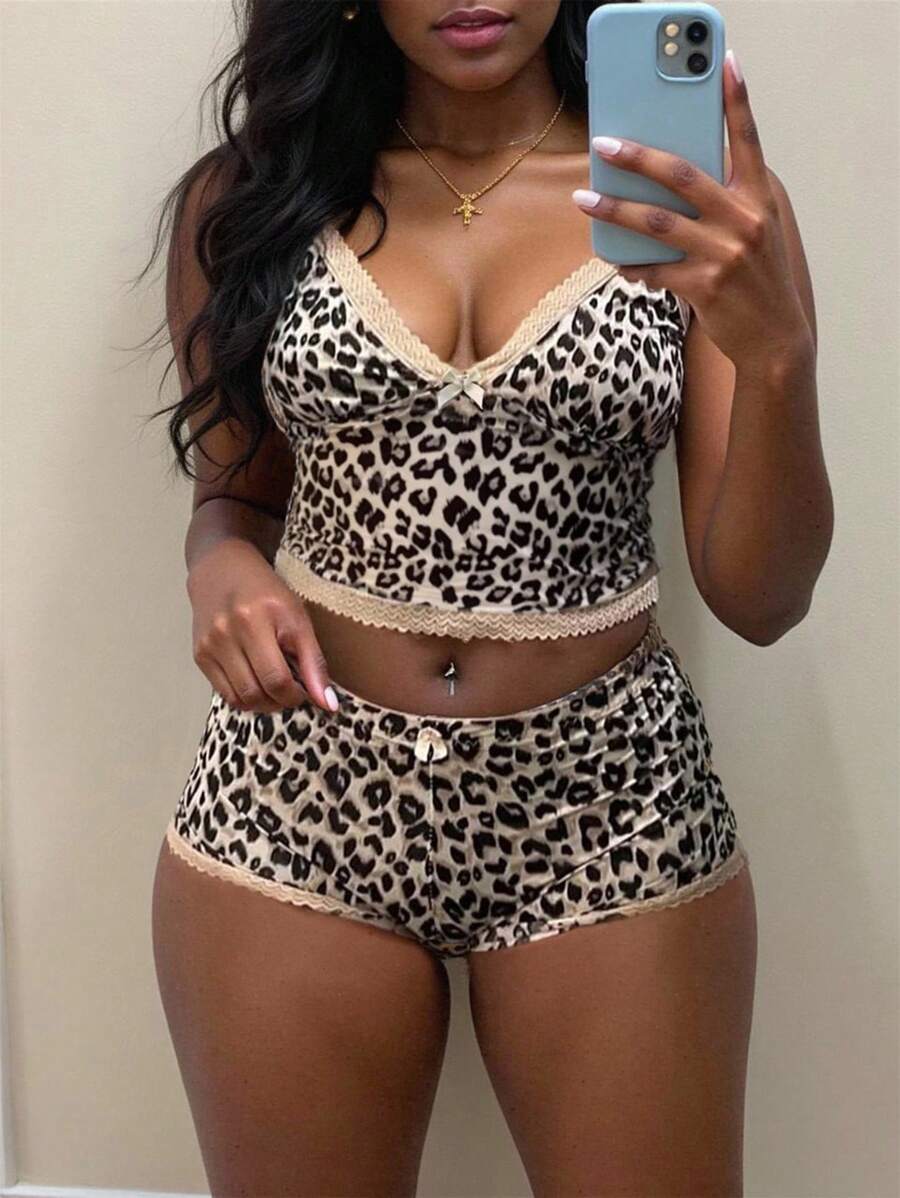 2pcs/Set Women Leopard Print Lace Patchwork Camisole And Shorts Set - Multicolor - View 1