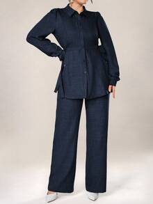 Graceveil Women 2pcs Set Front Button Long Sleeve Casual Blouse And Trousers 2 Pieces Set Modest - Navy Blue - View 6