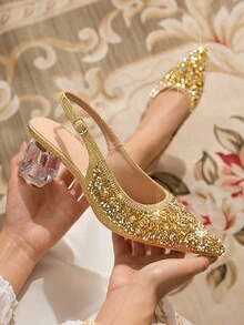 CUCCOO TILAWA Women's Crystal Heel Rhinestone Mesh Pointed Toe Slip-On Pumps, Suitable For Outings, Banquets, Parties And Other Events - Gold - View 6
