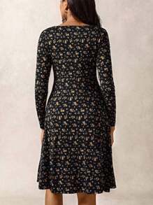 Boho Mama Pregnant Women's Ditsy Floral V-Neck Long Sleeve Casual Dress Cottagecore Dress Long Sleeve Mini Dress Smocked Mini Dress Cottagecore Mini Dress West Western Wear Women Boho Women Clothing Boho Chic - Black - View 2