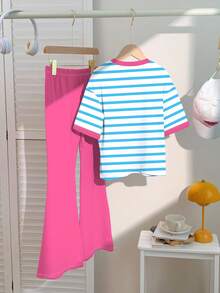 SHEIN Tween 女孩休闲简约蓝色条纹“NEW YORK”图案，撞色粉色，返校，学院风，短袖上衣和裤子两件套，适合夏季，图案 T 恤，复古，女孩返校服装，节日服装，可爱，卡哇伊，返校，休闲，针线活，返校，猎豹印花 - 彩色 - 查看 4