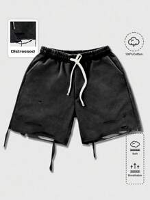 ROMWE MEN Street Life Men's Distressed Drawstring Waist Pocket Loose Shorts - Black - View 1