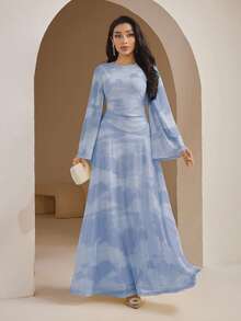 Veilorie Đầm dài tay cổ tròn in họa tiết tie-dye thanh lịch dành cho nữ - Màu xanh lam - Xem 4