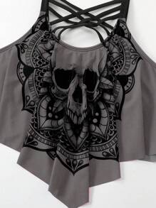 SHEIN Swim Curve Plus Size Summer Beach Skull Print Asymmetrical Hem Spaghetti Strap Top And Ruched Bottom Tankini Set, Perfect For Pool Party, Halloween - Multicolor - View 5