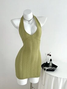 Elamini 1 件女士橄榄绿色提花修身紧身迷你连衣裙，露背系带，优雅秋季 - 橄欖綠 - 查看 4