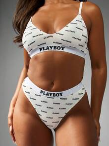 Missguided x Playboy Women High Cut Thong Underwear Printed Logo Elastic Band Matching Soft Low Rise Seamless Intimates All Over Print Design - Multicolor - View 4
