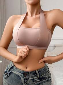 SHEIN 1pc Women's Comfortable Solid Color Strapless Wireless Bra Halter Neck Bra Bra For Small Chest - Apricot - View 3