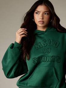 MISSGUIDED Sudadera con capucha de estilo vintage de deportes universitarios con texto en relieve, bolsillo central con cordón, estilo otoño-invierno, sudadera holgada de estilo campus - Verde - Ver 5