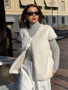 DAZY 女式毛茸茸系带无袖宽松蓬松夹克秋冬仿皮草大衣 - 米色 - 查看 5