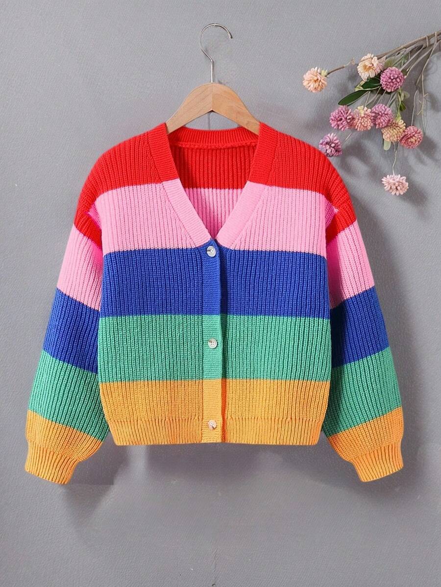少女彩虹色宽松针织开衫,秋冬彩虹开衫 彩虹开衫 彩虹针织开衫 条纹开衫 条纹开衫 开衫 开衫 开衫 秋冬 秋季开衫 - 彩色 - 查看 1