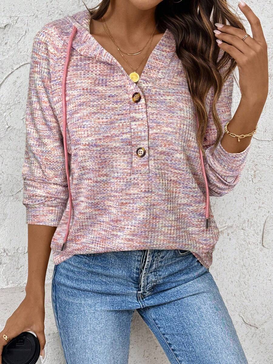 SHEIN LUNE 女式纽扣连帽华夫格针织运动衫，适合秋冬季所有季节 - 彩色 - 查看 1