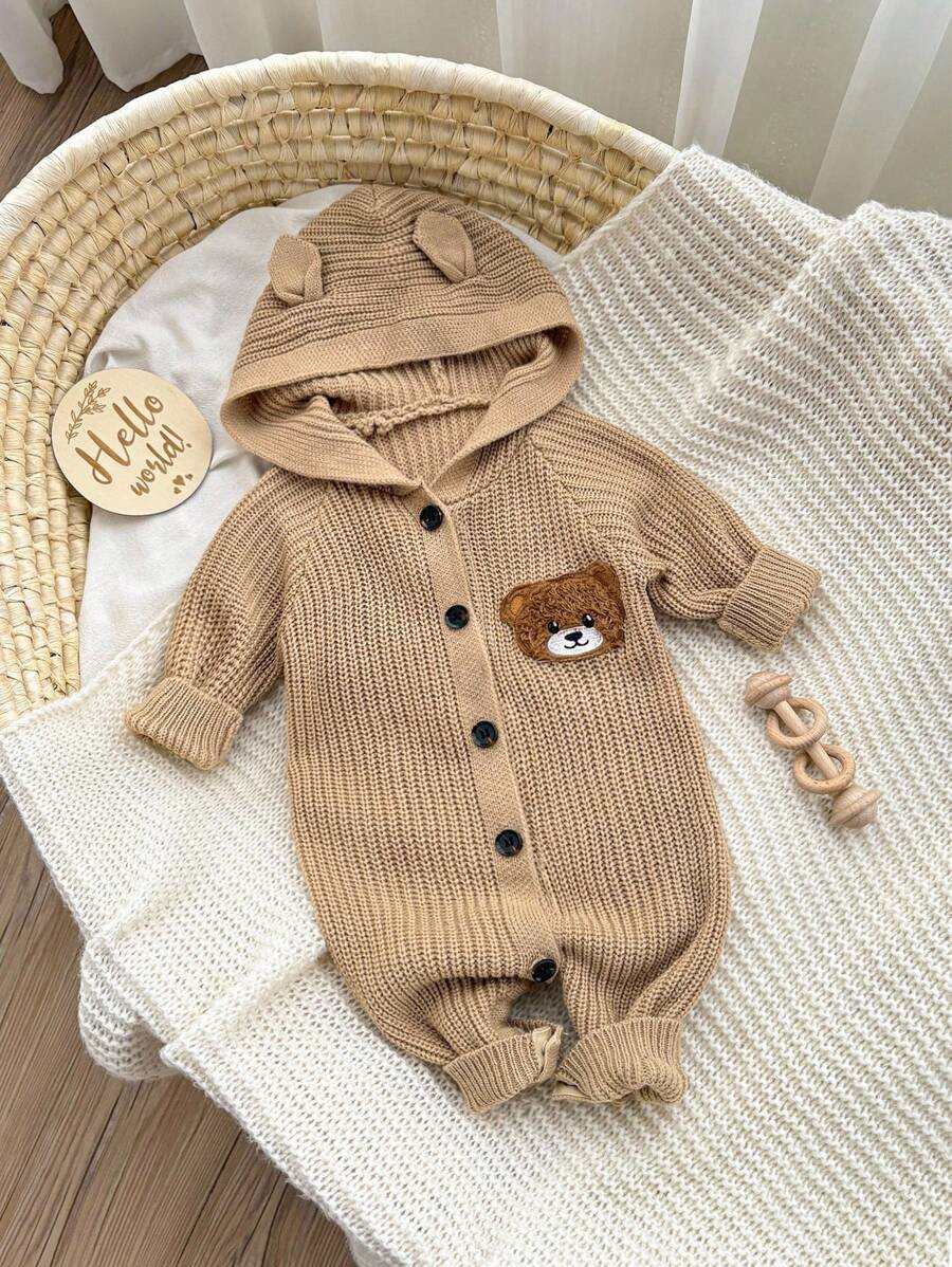 SHEIN Newborn Baby Cute Bear Patch Hooded Knit Romper, Autumn/Winter Baby Knit Romper Baby Romper Bear Baby Knit Jumpsuit Baby Hooded Romper Baby Sweater Romper Fall - Khaki - View 1