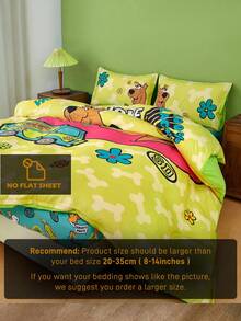 SCOOBY-DOO X SHEIN 3pc Soft & Cozy Cartoon Dog & Floral Print Duvet Cover Set,Suitable For Single Bed/Double Bed/Queen Bed/King Bed, Dormitory/Home - Green - View 9