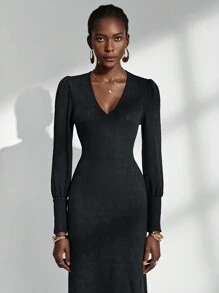 Almamuse Women's Long Dress, Elegant & Graceful, Simple V-Neck Jacquard Black Dress Fall Cloth For Women - Black - View 6