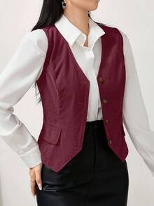 Modelyn Women's Solid Color Single-Breasted V-Neck Vest, Suitable For Commuting - Burgundy - View 5