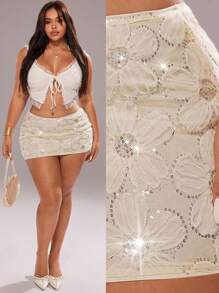 Rustia Plus Size Sexy Party Elegant Minimalist Mid/Low Waist Bling Sequin Embroidered Mini Skirt