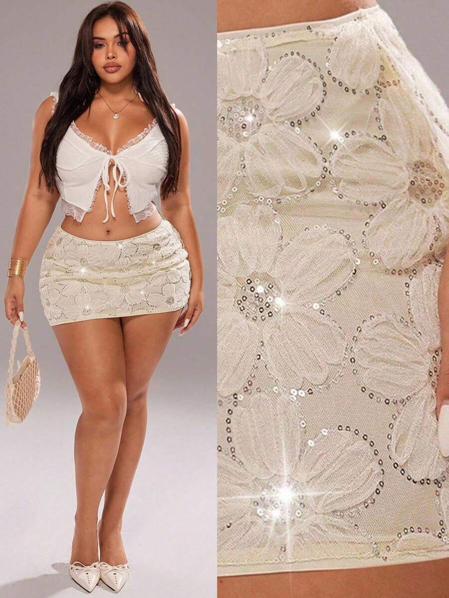 Rustia Plus Size Sexy Party Elegant Minimalist Mid/Low Waist Bling Sequin Embroidered Mini Skirt