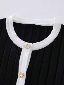SHEIN Franclia 女式不对称荷叶边拼色圆领开衫，秋冬季厚针织毛衣夹克 - 黑色 - 查看 6