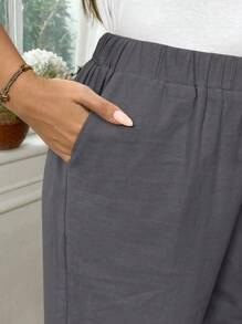 SHEIN LUNE CURVE Quần dài vải cotton đa năng, thường ngày, cỡ lớn dành cho nữ - Màu xám đen - Xem 3