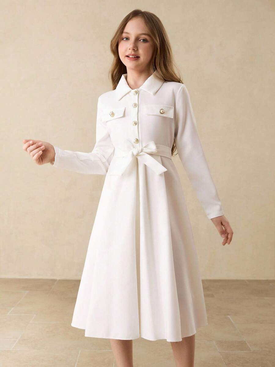 Elegancka, minimalistyczna, modna sukienka koszulowa dla dziewcząt z obniżonymi ramionami, długim rękawem i ściągaczem w pasie, średniej długości, w jednolitym kolorze, z perłowymi guzikami, odpowiednia na ukończenie szkoły, oficjalne okazje, Boże Narodzenie, Halloween i na każdą porę roku - Biały - Zobacz 1