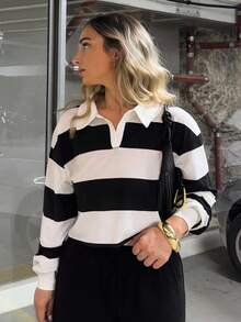 Jeta Ari 半鈕領色塊下垂肩春季短版t恤 - 黑與白 - 查看 4